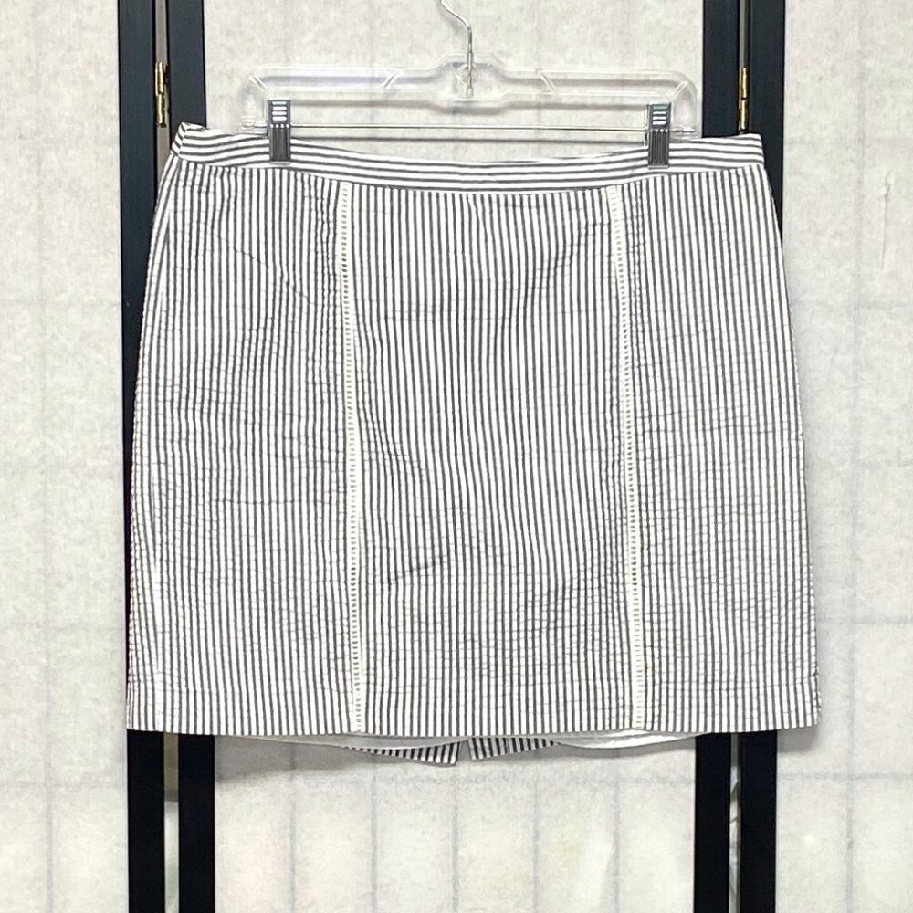 Willi Smith A-Line Mini Skirt 14 Seersucker Ticking Stripe Grey White Lace Inset